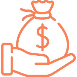 Icon of an outstretched hand holding a money bag with a dollar sign on it, depicted in orange outlines, symbolizing innovative success in electronics product design.
