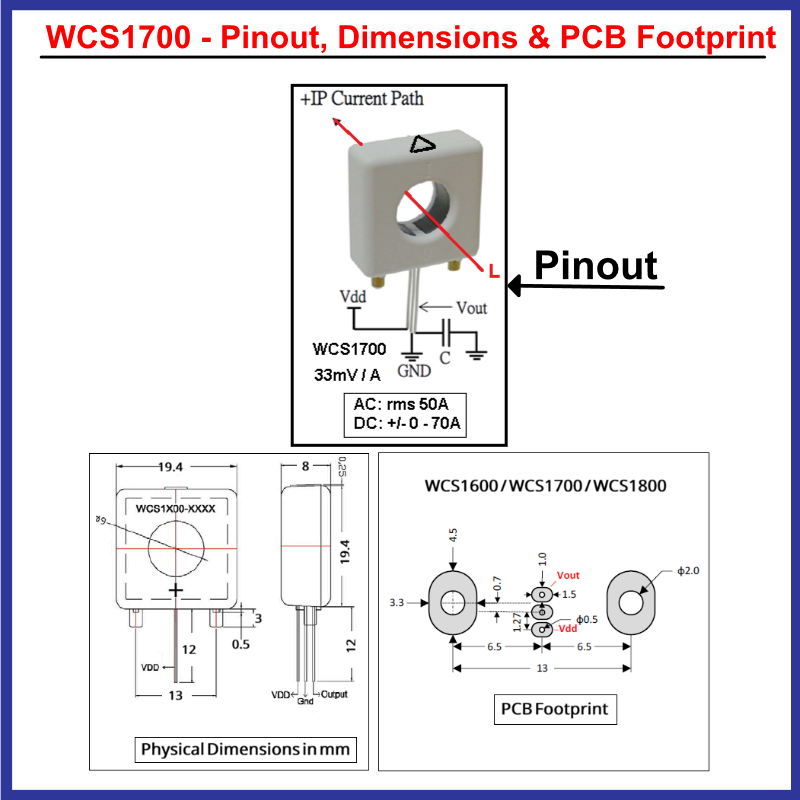 AC/DC Current Sensor - WCS1700 2 70A Hall effect sensor module